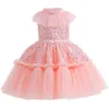 Flickans klänningar Flower Tulle broderi Baby Girls Dress Opening Ceremony Clothing Bow Tutu Party Elegant Girls Princess Dress Kids Vestidos W0314