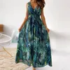 Vestidos casuales Vintage Estampado floral Vestido largo Mujer Sexy Escote en V profundo Con cordones Sin espalda Boho Fiesta Elegante Sin mangas Playa Maxi