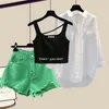 Womens Two Piece Pants Korean Summer Style Worn Casual Shorts White Chiffon Shirt Green Vest Bra Three Elegant Set 230317