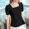 Camisetas femininas Camisas femininas Roupas femininas Primavera estilo Sulter camisetas básicas Tops Lady Slim Short Puff Sleeve Square Blouse SS070