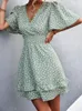 Casual jurken groene mini jurk dames zomer vlinder mouw sexy v nek dames boho polka dot a-line strand zonsondergang vestidos