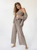 Womens Sleepwear Hiloc Ribbed Drop Sleeves Women Sets Outfits Bud Wasit Pants Set Woman 3 Pieces Clothing Loose 230317