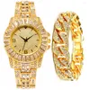 Zegarek 2PCS Złote Diamond Bransoletka zegarek dla mężczyzn Para luksusowych łańcuchów męskich łańcuchów modowych