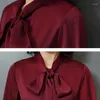 Women's Blouses Spring Fall Long Sleeve Blouse Women Pink Red Solid Color Bow Tie Collar Office Faux Silk Business Ladies Tops Blusas