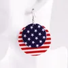 Brincos de berros do Dia da Independência Flag Americana Estrelas e listras PU Couro redondo uma queda de lágrima de folhas para mulheres jóias