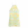 Casual Dresses Summer Floral Print Yellow Halter Mini Women Fairy Grunge Backless Zipper Cross Strap Beach Dress Female Party Club Wear