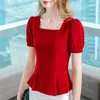 Dames t shirts dames kleding lente zomerstijl basic t-shirts tops lady slanke korte puff mouw square kraag blouse ss070