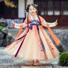 Girl's Dresses Girls Hanfu Chinese Style Dresses 2022 New Children's Tang Suit Long Sleeve V-Neck Patchwork broderi bälte för vårens höst W0314