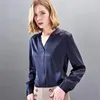Kvinnor Bluses Office Ladies Pure Silk Stretch Satin Shirts Women Elegant Dark Blue Long Sleeve Blouse Fashion V-Neck Slim Temperament Tops