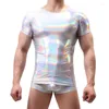 Heren t shirts pu lederen mannen latex natte look podium show dance clubkleding t-shirts casual korte mouw strakke tops tees streetwear