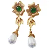 Boucles d'oreilles HUANZHI rétro or couleur fleurs pierres naturelles pour femmes perle pendentif rouge vert verre gelée bijoux cadeau accessoires