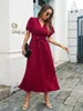 Sıradan Elbiseler 2023 Avrupa ve Amerika Katı Uzun Yaz Elbise Dantel Yukarı Kadınlar fırfırlar Seksi Şifon V-yaka damlası