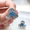 أقراط مسمار Pansysen 925 Sterling Silver Radiant Flower Blue Aquamarine محاكاة مويسانيت للنساء المجوهرات الفاخرة الفاخرة