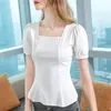 Dames t shirts dames kleding lente zomerstijl basic t-shirts tops lady slanke korte puff mouw square kraag blouse ss070