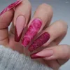 False Nails 24pcs Long Coffin Ballerina With Rose And Glitter Powder Designs Finger Nail Detachable Art Tips Press On