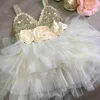 Flickans klänningar Shinny Flower Girls Dress for Kids Christmas Toddle Party Gown Gold Sequined Layered Tutu Dress Children Ny Year Dress Clothing