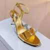 högklackade sandaler för Dam Lyx Designer Triangulärt spänne dekorera Damklänning skor Toppkvalitet Äkta Läder 9CM Metallklackar Sexig Dam stilettsandal