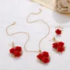 Necklace Earrings Set Red Rose Flower For Women Ring Vintage Jewellery Sets Valentine's Day 2Z60