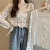 Women's Blouses Crochet Top 2023 Kimono Cardigan Crop Tops Lace Long Sleeve White Blouse Women Square Neck Shirts Hollow Out Blusas Tunics
