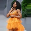 Party Dresses Orange High Low Prom Dress Black Girls Tullle Födelsedag för Poshoot Tiered Tulle Robe Homecoming Glänningar Sexig strapsparty