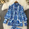 Tvådelad klänning 2024SS Designer Women Autumn Vintage Two Piece Dress Short Set Runway Floral Print Lantern Sleeve Blue Shirts and Pockets Belt Shorts Suit