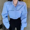 Blouses pour femmes mode coréenne Polo col chemise femme plissée couleur unie chemises femme ample à manches longues bouffantes Blouse haut pour femme goutte