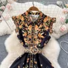 Summer Casual Women New Palace Style High Waist Suspenders Cake Dress Mid-length Print Runway Party Dresses 2023