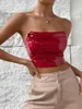 Women's Tanks Wsevypo Red PU Leather Bandeau Crop Tops Spring Summer Off-Shoulder Ruched Strapless Tube Women Street Club Backless Vest