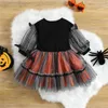 Meisjesjurken Halloween babymeisjes mesh tule jurk lange mouw prinses jurken pompoen geometrische meisjes kleding w0314