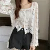 Women's Blouses Crochet Top 2023 Kimono Cardigan Crop Tops Lace Long Sleeve White Blouse Women Square Neck Shirts Hollow Out Blusas Tunics