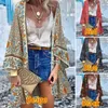 Blusas de mujer Cárdigan de playa bohemio para mujer Blusa con estampado floral de verano Kimono Vintage Frente abierto Túnica de manga larga Tops Camisa de vacaciones