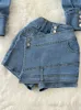 Womens Two Piece Pants DEAT Casual Set Lapel Long Sleeved Loose Denim Jacket Fake Twopiece High Waist Slim Shorts Spring 11XX01021 230317