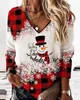 Women's T Shirts Christmas Women Top 2023 Autumn Fashion Snowman Snowflake Plaid Print Casual V-Neck långärmad t-shirt
