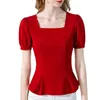 女性のTシャツ女性服の春の夏スタイルベーシックTシャツトップレディスリムショートパフスリーブスクエアカラーブラウスSS070