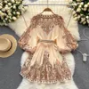 Sukienki dla kobiet wiosna 2023 Modna moda Paisley Drukuj vintage sukienka v szyja długa latarnia rękaw mini sukienka