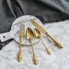 Servis uppsättningar tabellwellware guld bestick set rostfritt stål gyllene vintage gaffel gaffel sked kniv Royal 2023