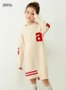 Girl's Dresses Amii Kids Sweater Dress for Girls Autumn Winter 3-12y 100% Cotton Long Sleeves Embroidery Asymmetrical Midi Dress 22230092