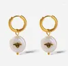 Dangle Earrings Stainless Steel Round Freshwater Pearl Hoop Earrings18K Gold Plated Bee For Women Gift