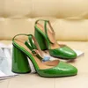 الصنادل الأرجواني Green High Heels Women Pumps Otrap Barty Party Shoes أحذية المرأة جودة جولة أخمص القدمين 41 42 43