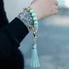 Bangle Wristlet Armband Pendant Keyring Wood Beads Keychain for Keys Women Accessories Leather Tassel Charms