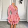 Pink Short Prom Dress 2023 A-line Sparkly Long Sleeve V-neck Velvet Sequined Women Birthday Gala Party Gowns Robe De Soiree Customed