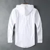 Männer Casual Hemden 2023 Mode Männer Slim Weiß Langarm Mit Kapuze Hemd Oxford Gestreiften Stoff Feste Kleidung
