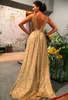 Seksi altın A-line resmi balo elbisesi 2023 kolsuz spagetti kayış arkasız sexin akşam gala parti elbiseleri robe de soiree özel