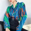 Bluzki damskie 2023 francuska koszula z długimi rękawami w stylu pilotażowym kolorowym obrazem olejem drukowaniem pojedynczych piersi mody swobodny stylowy