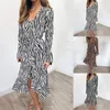 Casual Dresses Womens Long Zebra Print 2023 Women Sexy Party Dress V-neck V Neck Vestidos Sleeve Maxi Ruffles Tiger