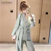 Kvinnors tvåbitar byxor 2023 Spring Fashion Women Lace Up Pant Suits notched Blazer Jackor Office Lady Wear Female 2 Set Autumn