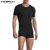 Indumenti da notte da uomo INCERUN Pigiama da uomo Pagliaccetti Solido Manica corta Scollo a V Cerniera Fitness Tempo libero Homewear Tute Accogliente Tuta da notte 230320