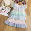 Robes de fille Robe de fille Vêtements pour enfants Mode Robe de gâteau de couleur arc-en-ciel Jupe tutu Robe de licorne pentagramme pailletée 230320