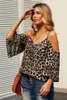 Women's Blouses Leopard Spaghetti Straps Cold Shoulder Blouse For Women Sexy V Neck Solid Loose Top