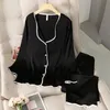 Women's Sleepwear Pajamas Women Sleepwear Spring Summer Thin Ice Silk Satin Loungewear Trouser Suits Solid White Black Edge Long Sleeve Home Wear 230317